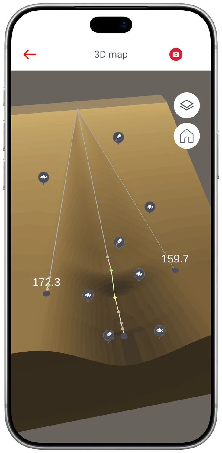 FisherNote 3D seabed map with rays and fishing spots